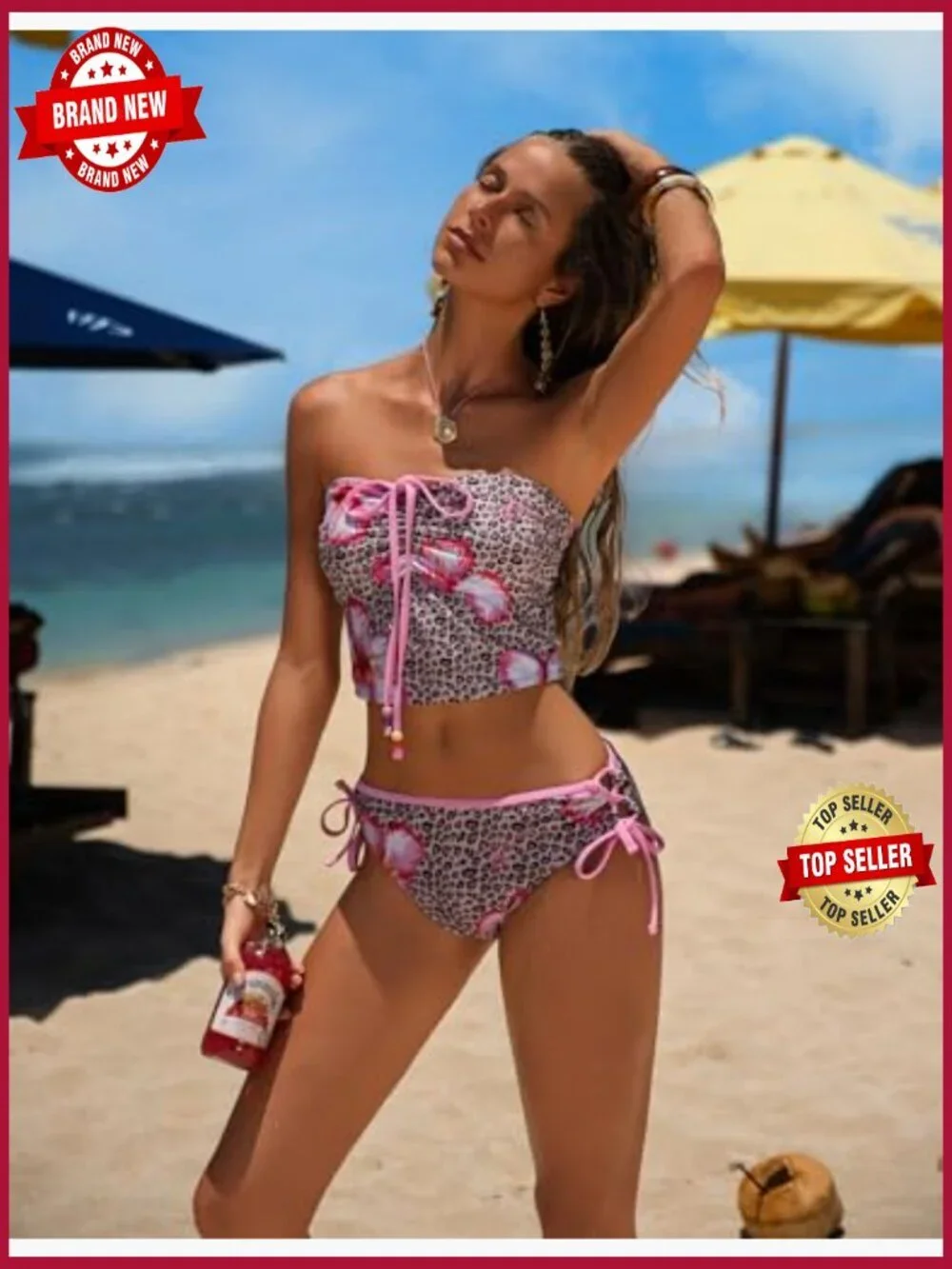 2-Piece Tankini Set, Ruched Bandeau Top & Side Tie Bottoms